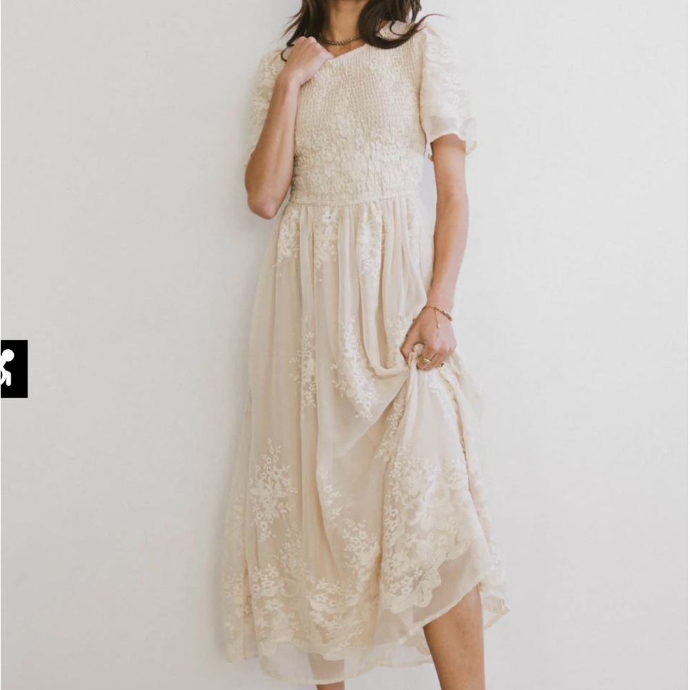 NWT BOHME Alora Midi Dress XS Champagne Embroidered Boho Smocked Tulle Summer